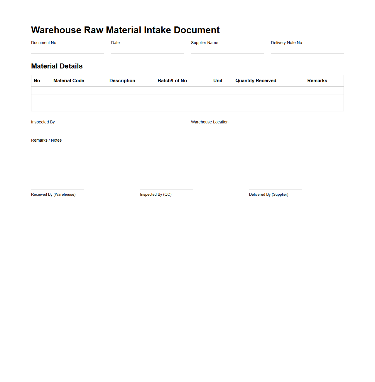 Warehouse Raw Material Intake Document Sample