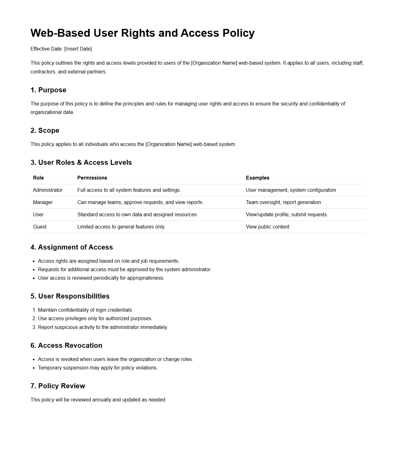 Web-Based User Rights and Access Policy Template
