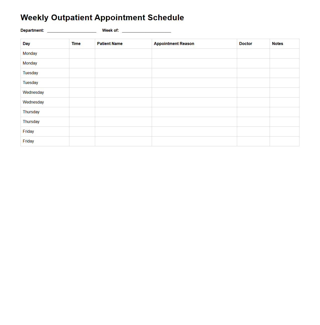 Weekly Outpatient Appointment Schedule Template