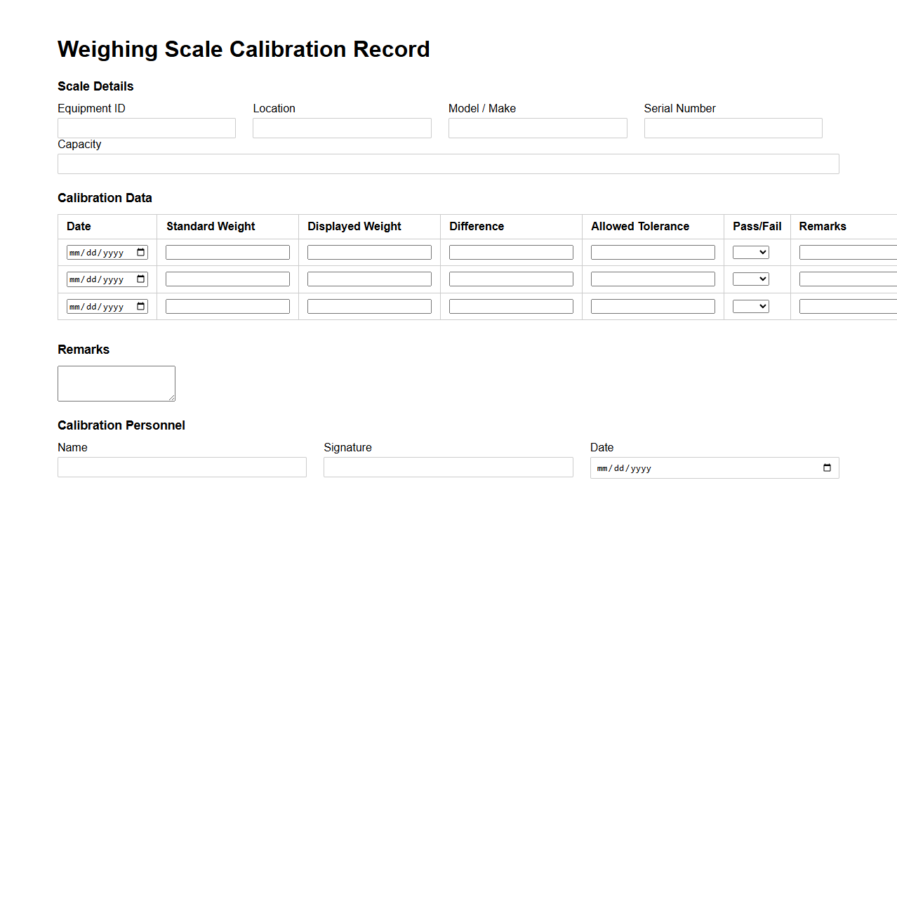 Weighing Scale Calibration Record For Manufacturing