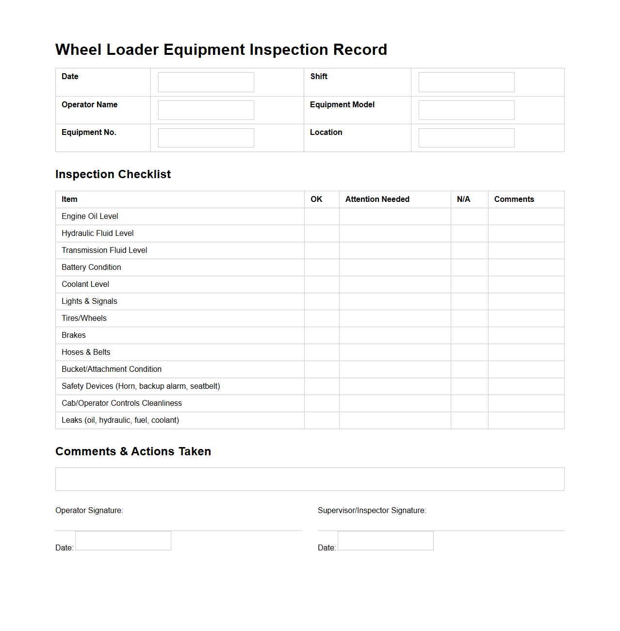 Wheel Loader Equipment Inspection Record Template