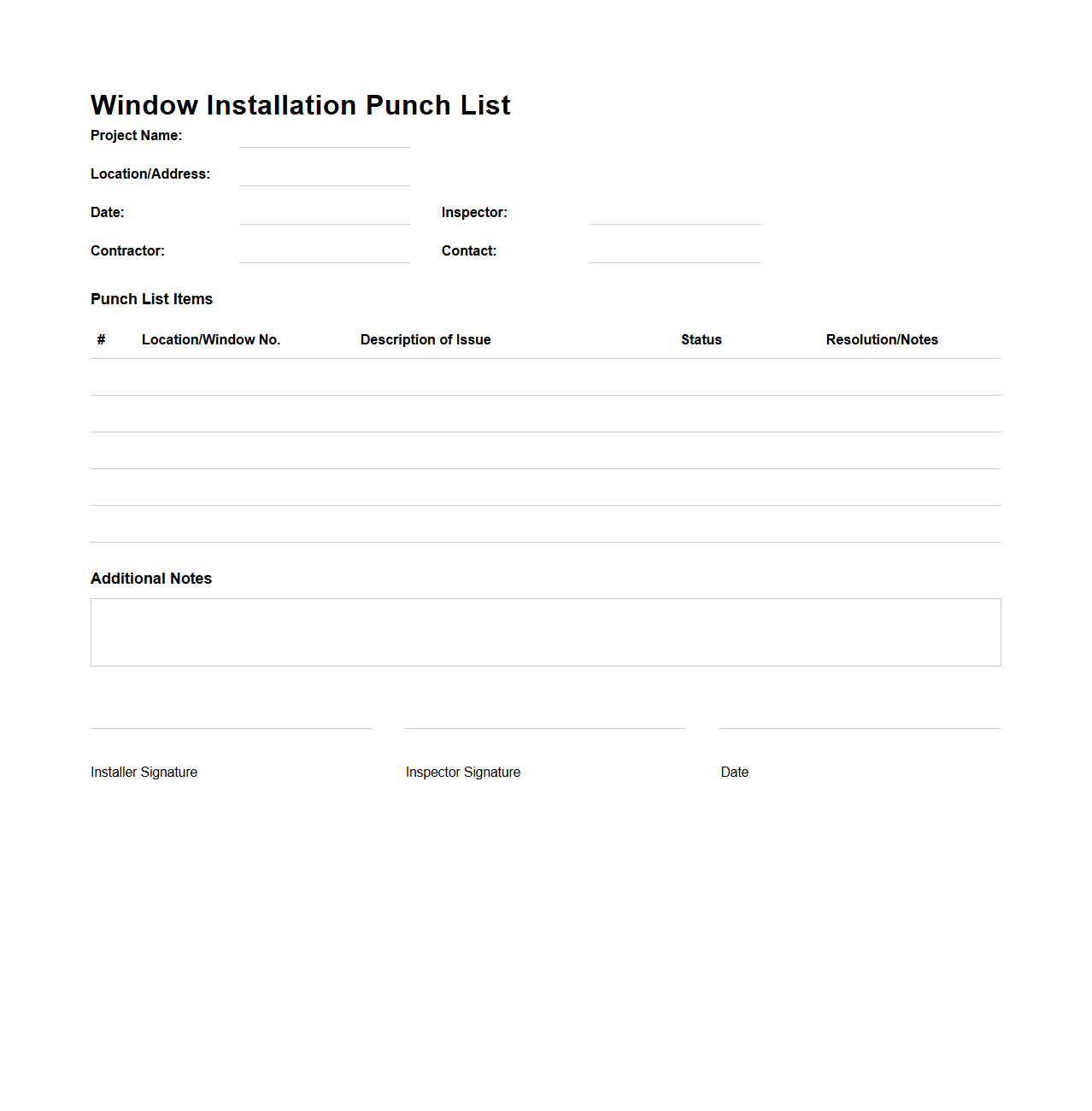 Window Installation Punch List Template