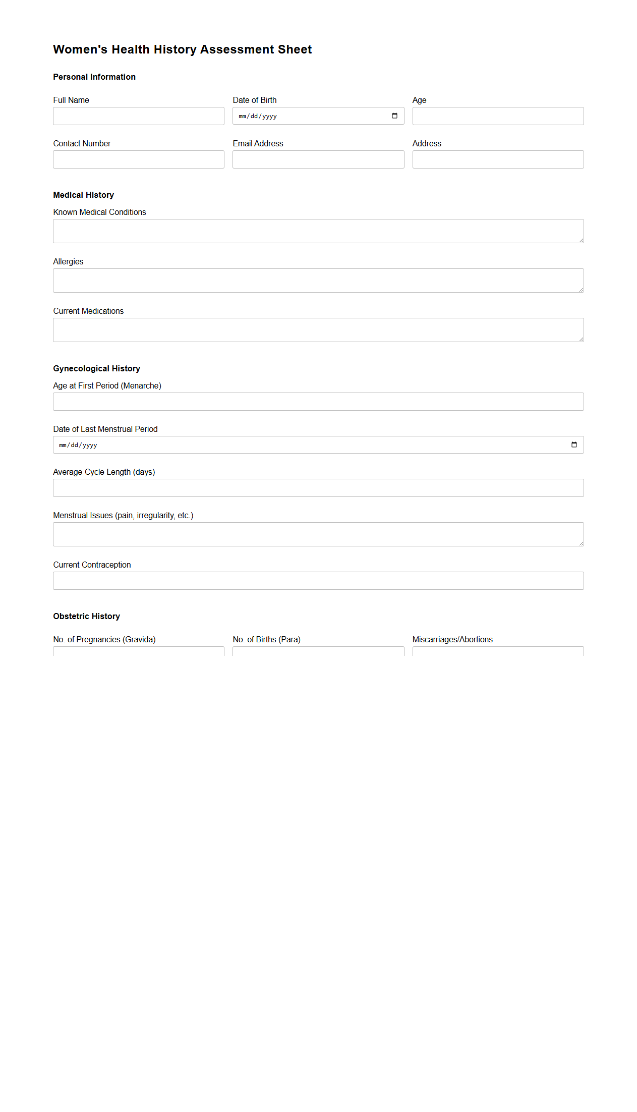 Women's Health History Assessment Sheet