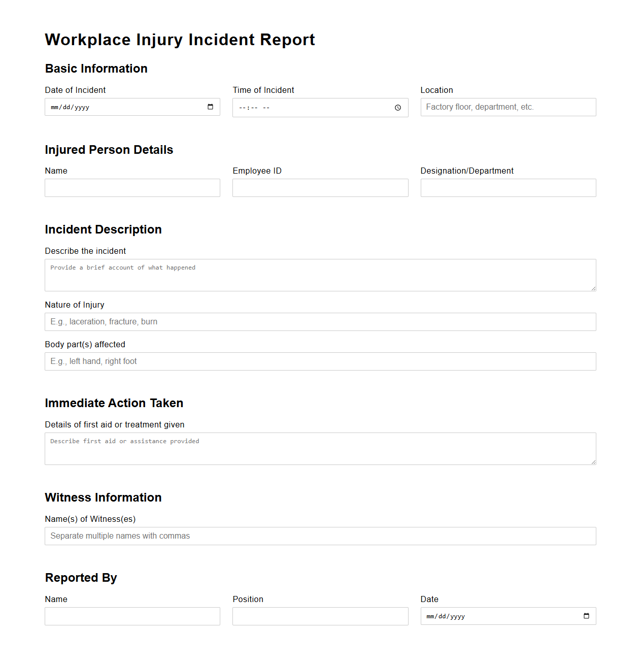 Workplace Injury Incident Report Template for Factories
