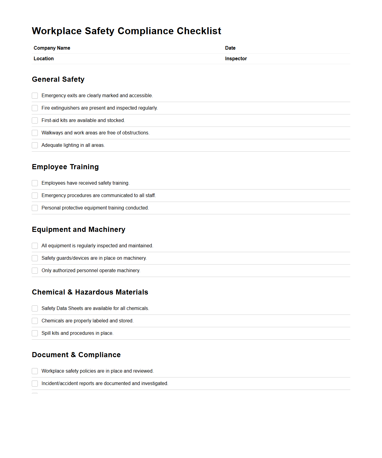 Workplace Safety Compliance Checklist for HR Consulting
