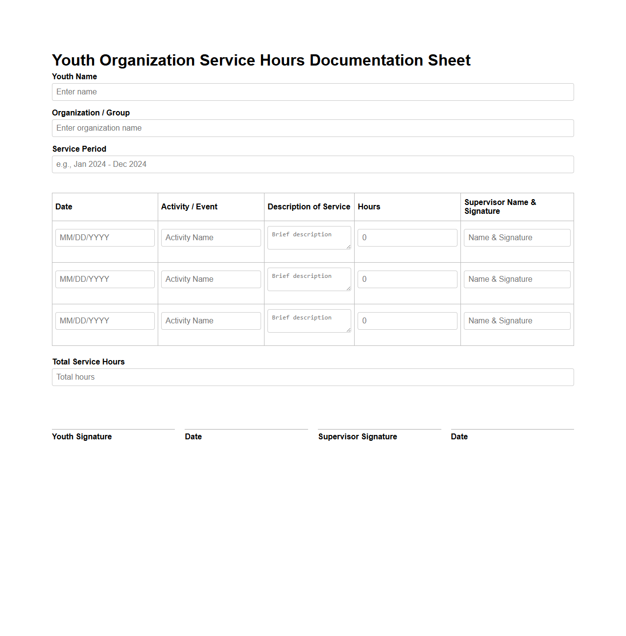 Youth Organization Service Hours Documentation Sheet
