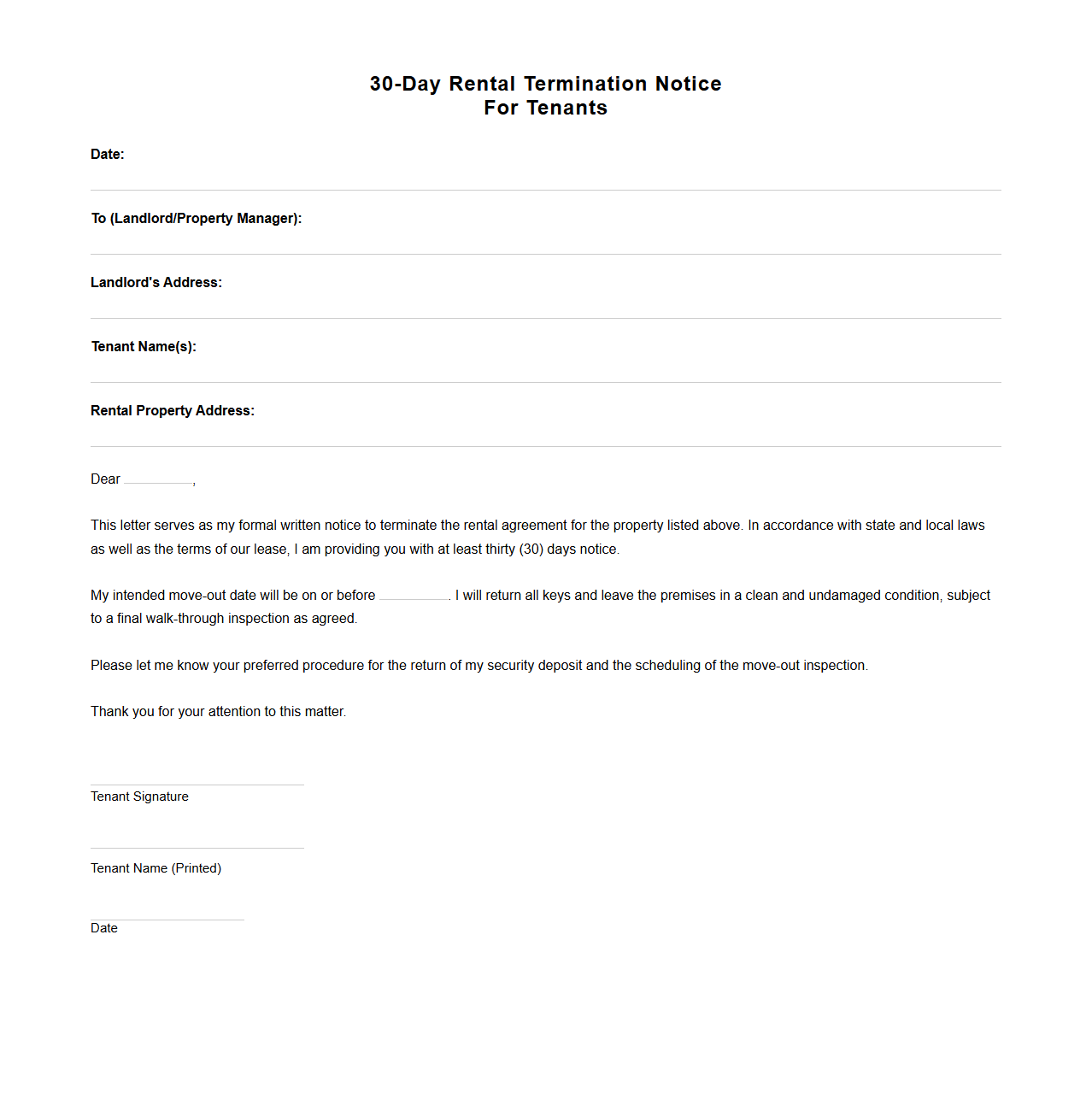 30-Day Rental Termination Notice Template for Tenants