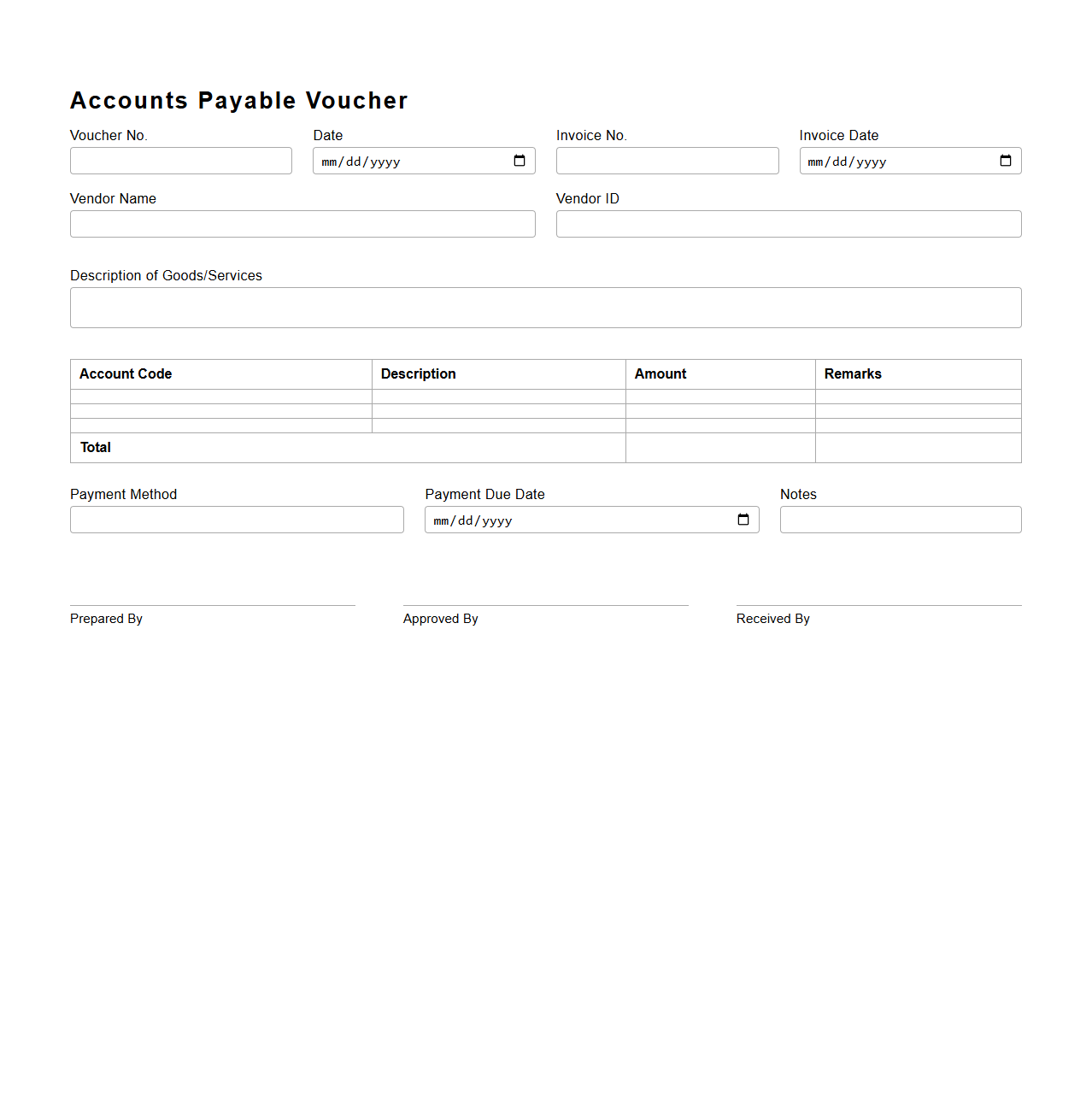 Accounts Payable Voucher for Vendor Payments