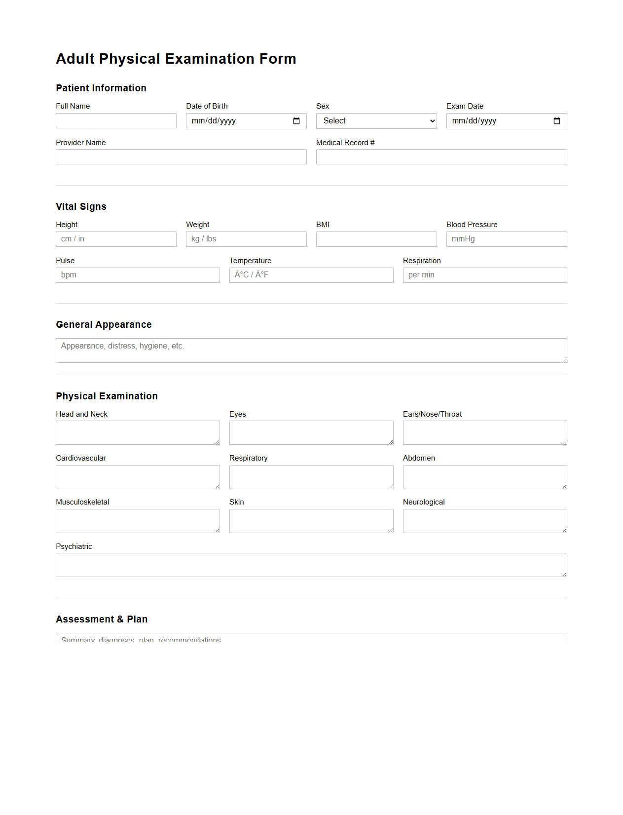 Adult Physical Examination Form Template