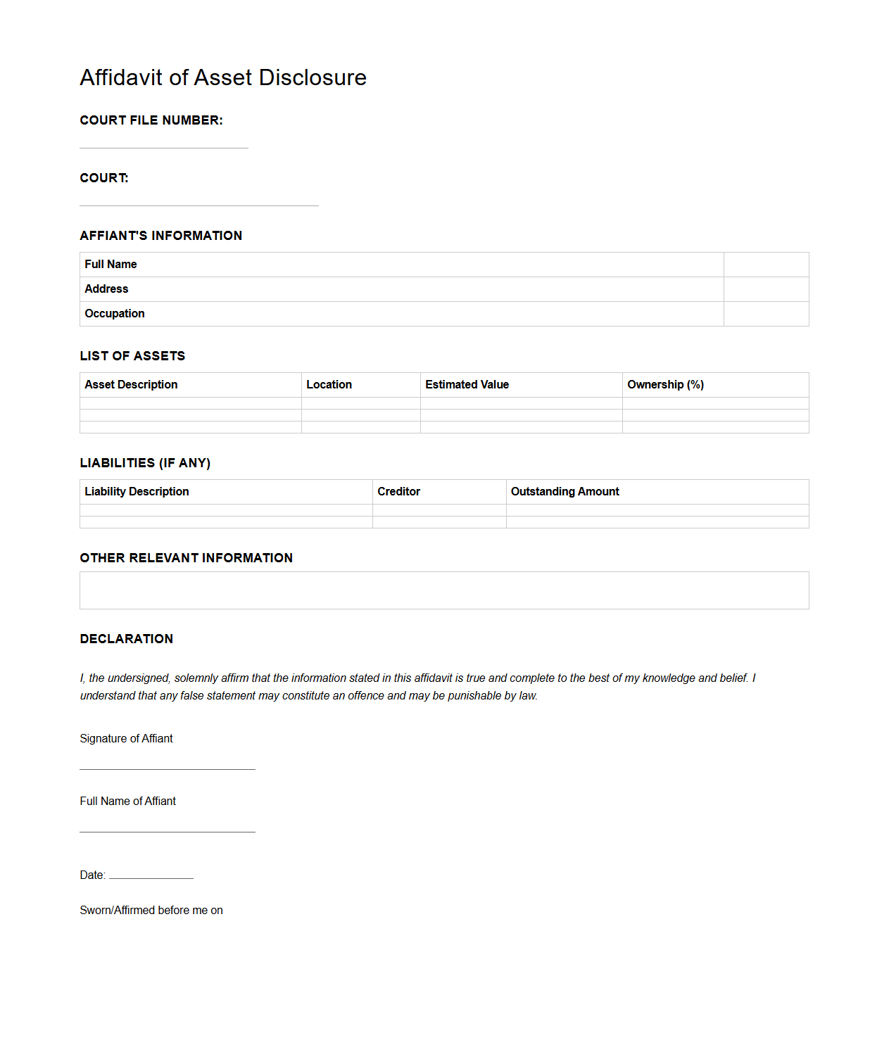 Affidavit of Asset Disclosure to Court