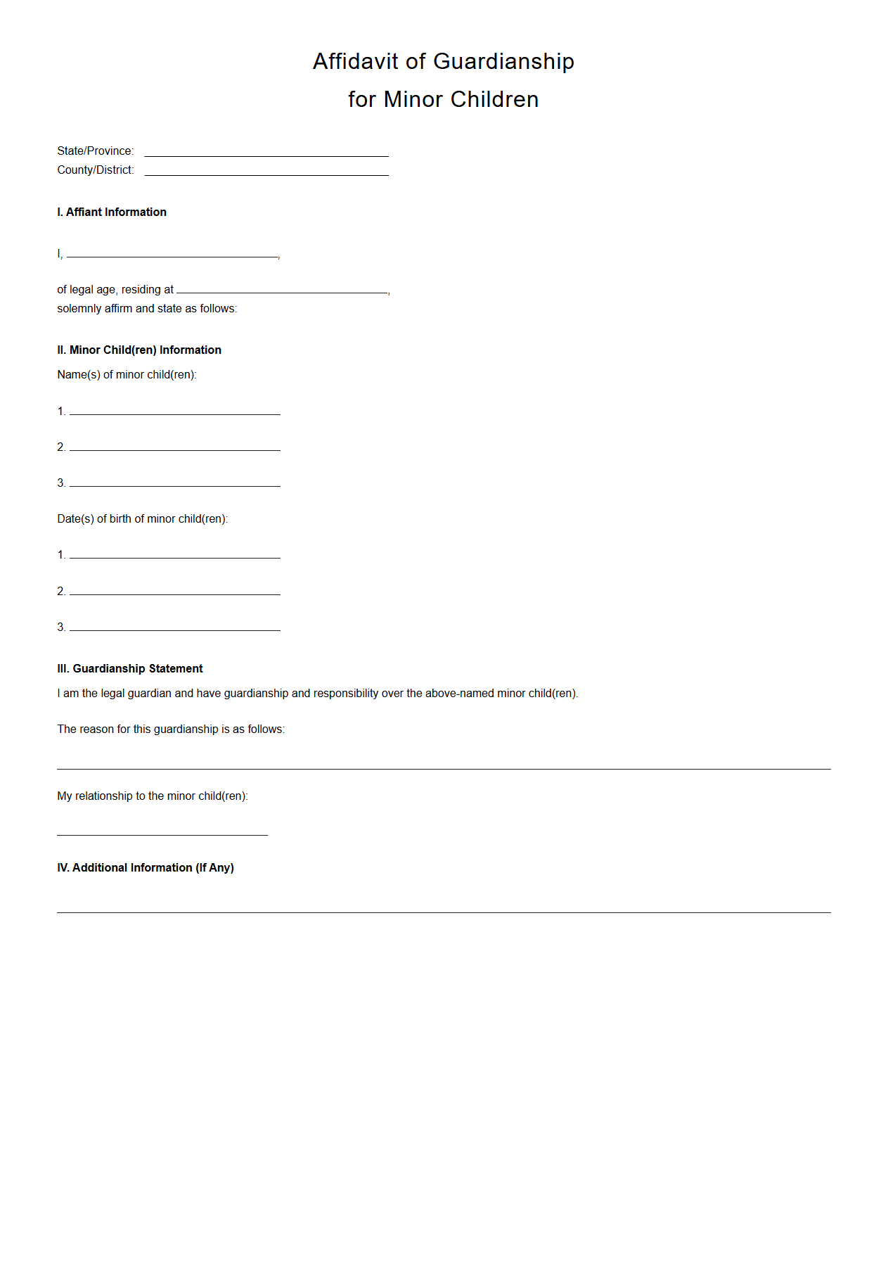 Affidavit of Guardianship for Minor Children