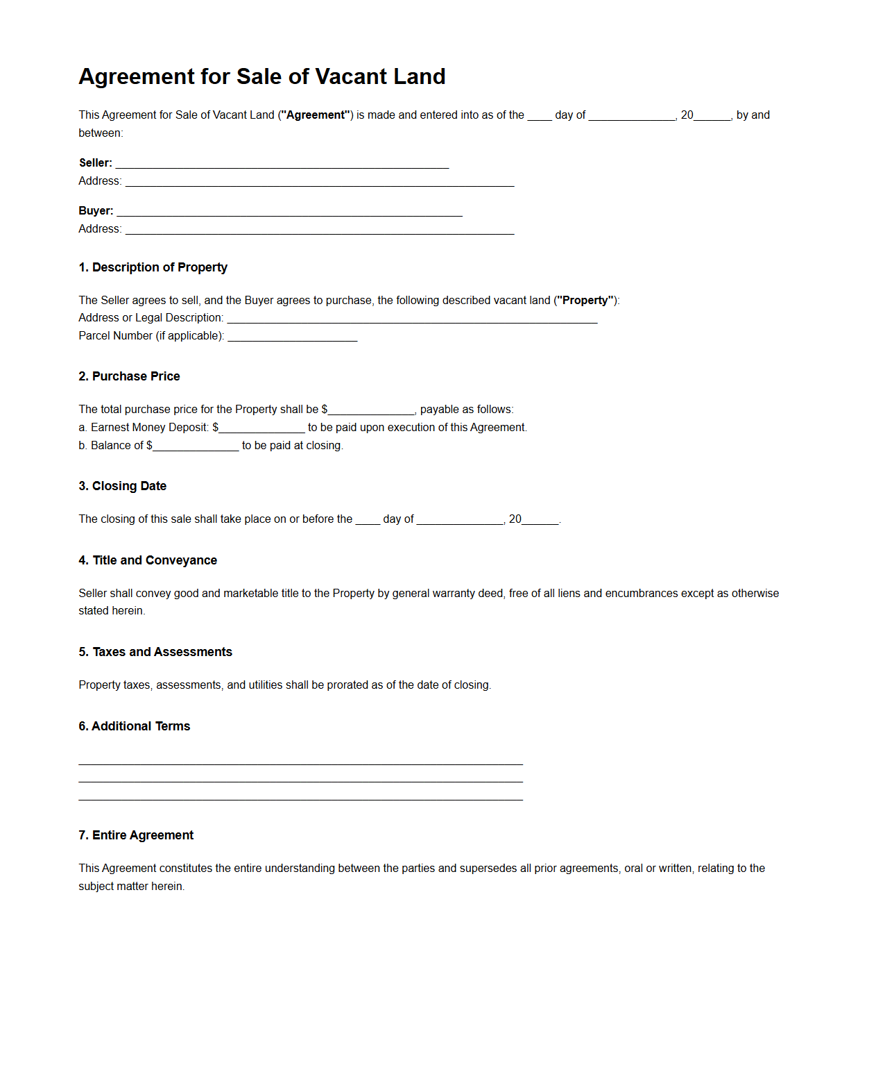 Agreement for Sale of Vacant Land Sample
