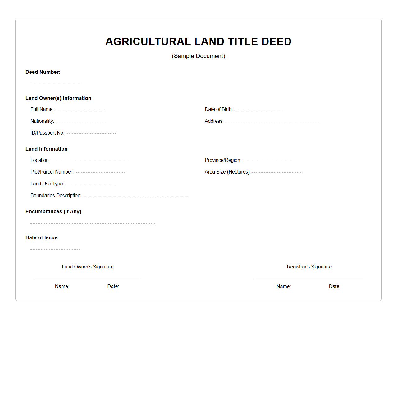 Agricultural Land Title Deed Sample