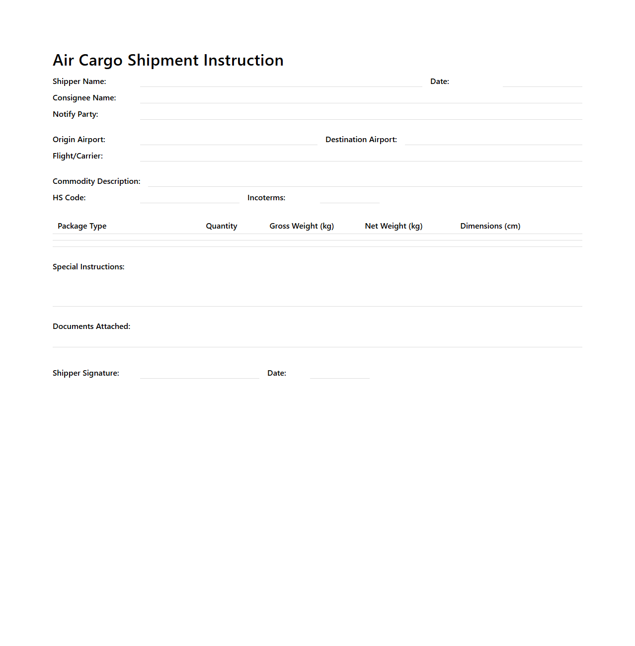 Air Cargo Shipment Instruction Example