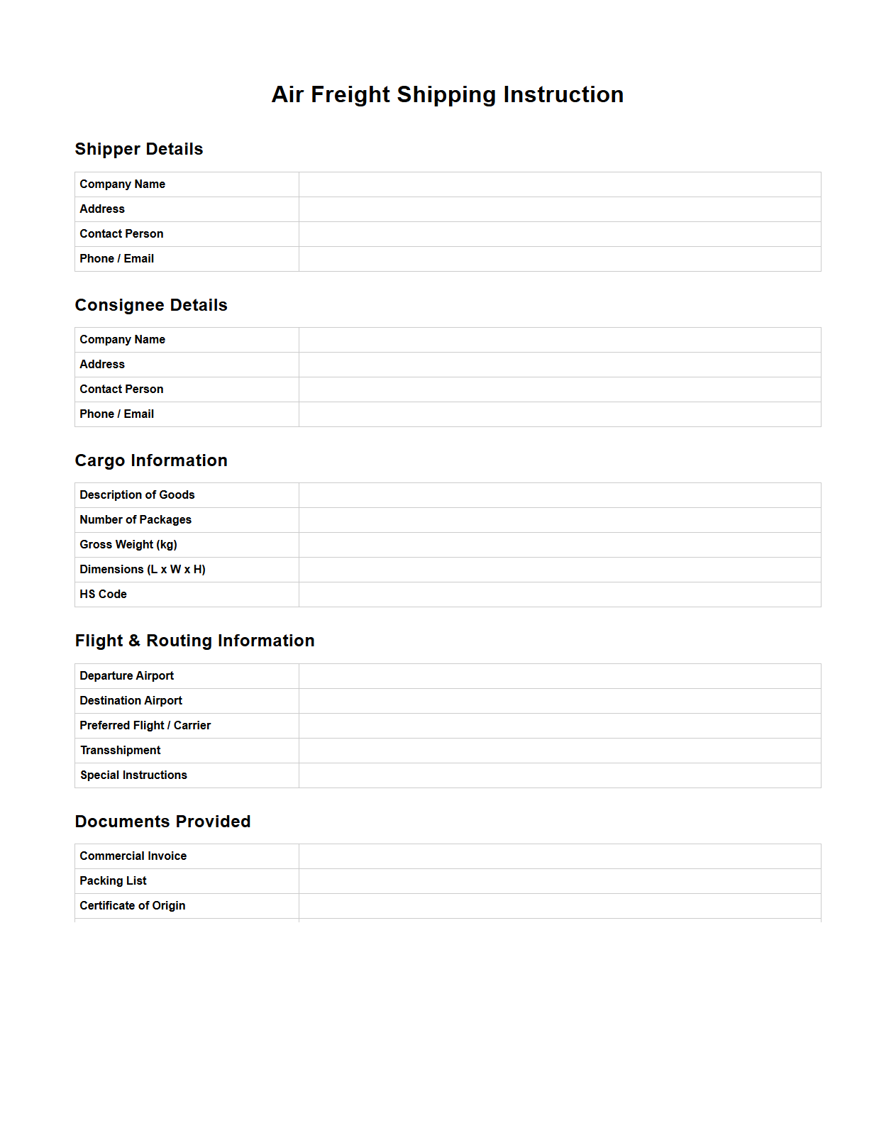 Air Freight Shipping Instruction Template