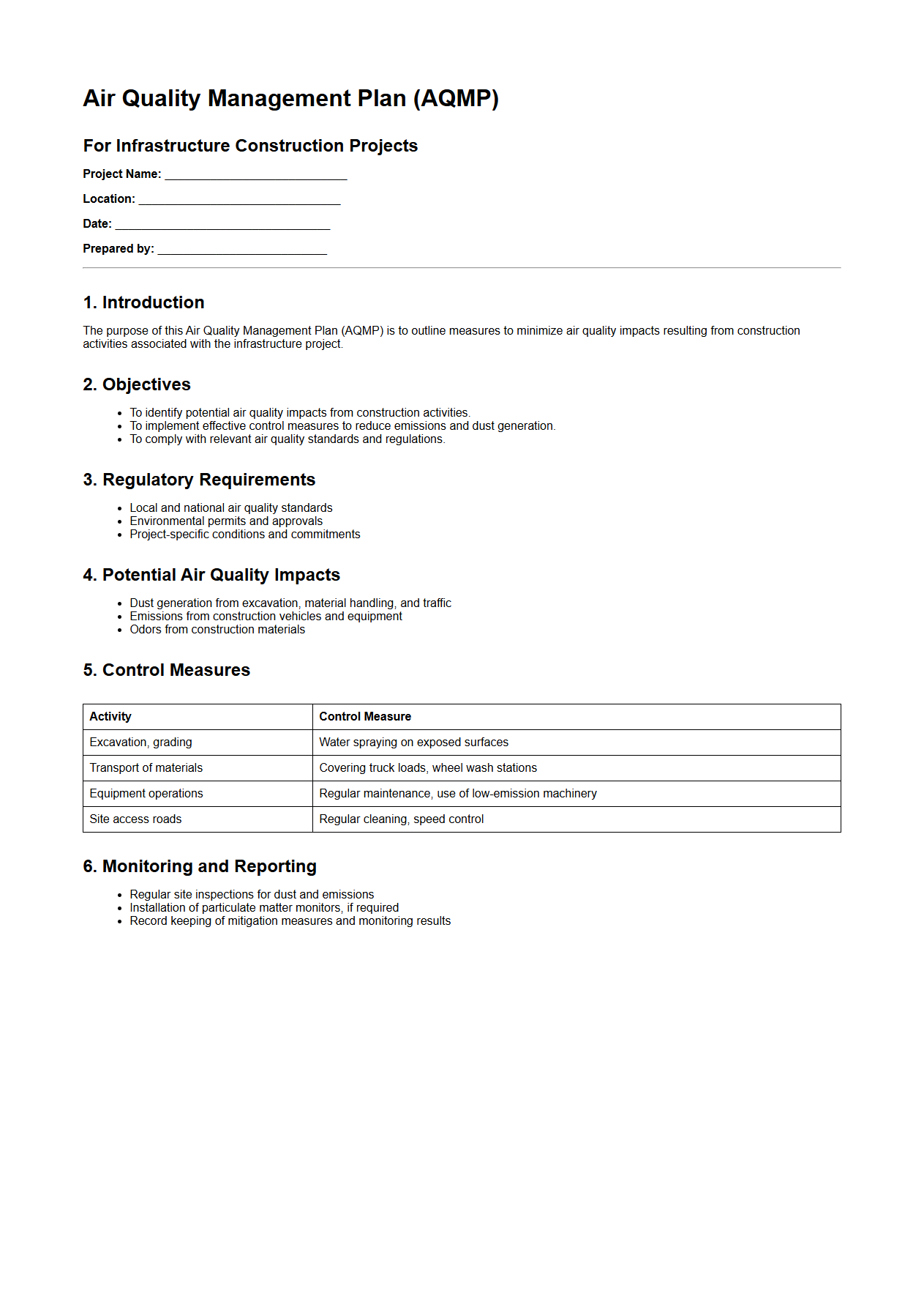 Air Quality Management Plan Document for Infrastructure Construction