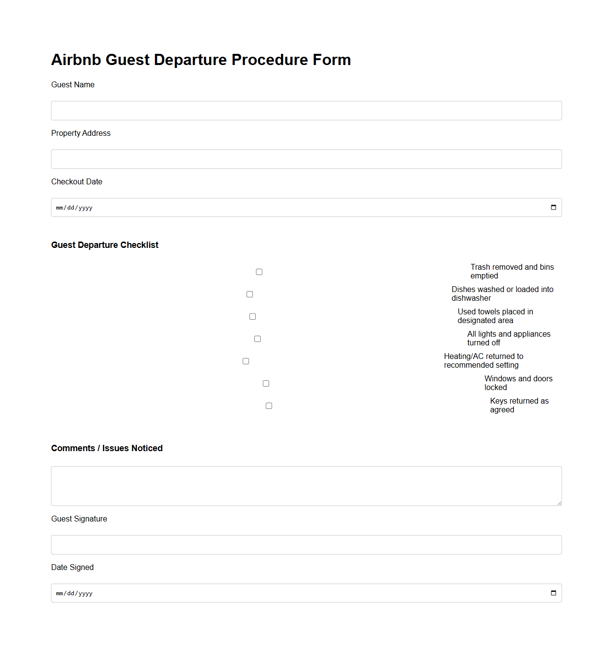 Airbnb Guest Departure Procedure Form