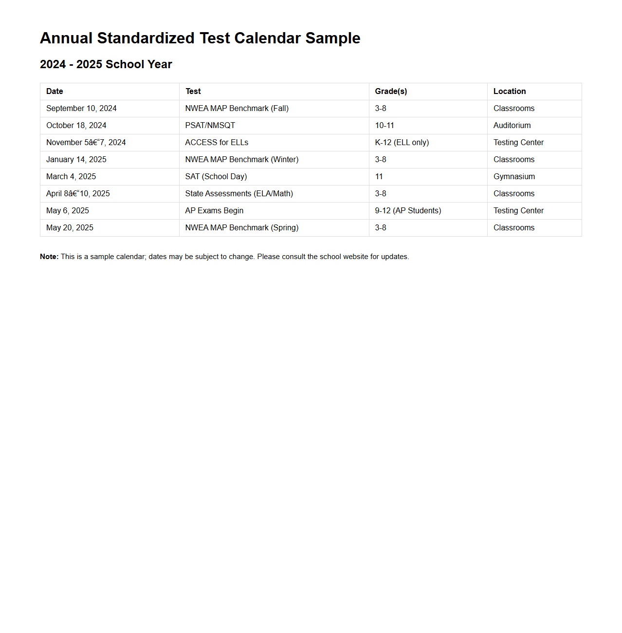 Annual Standardized Test Calendar Sample