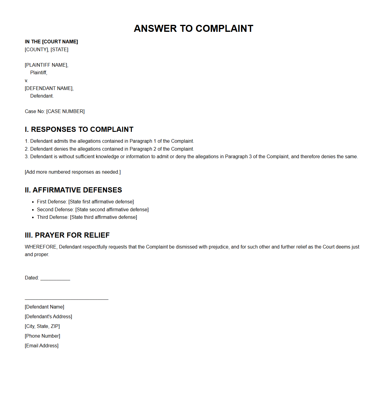 Answer to Complaint Sample