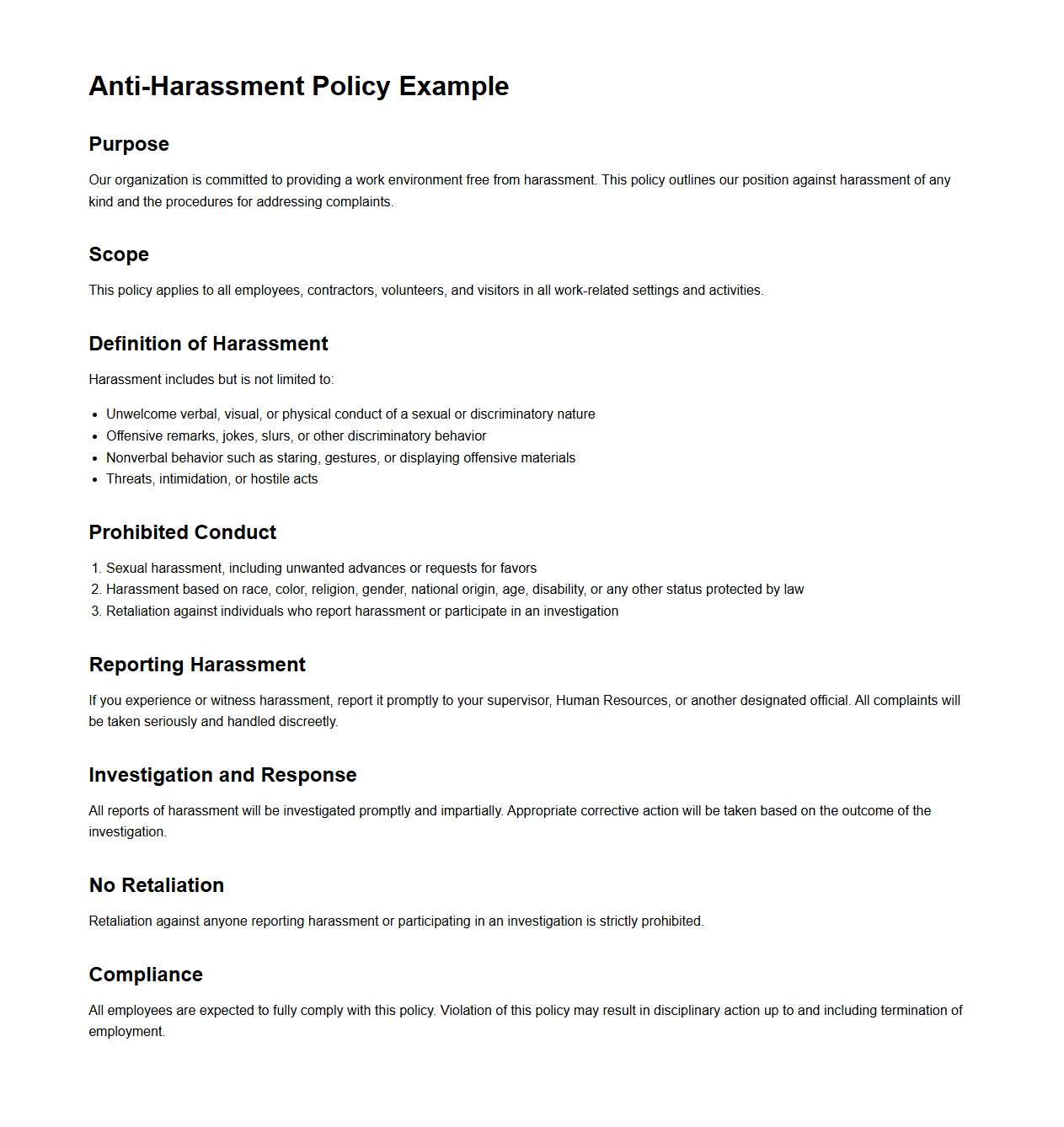 Anti-Harassment Policy Example