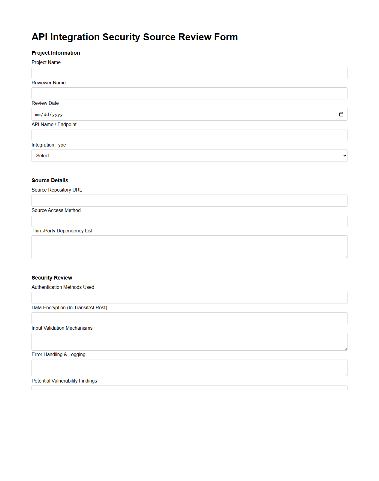API Integration Security Source Review Form