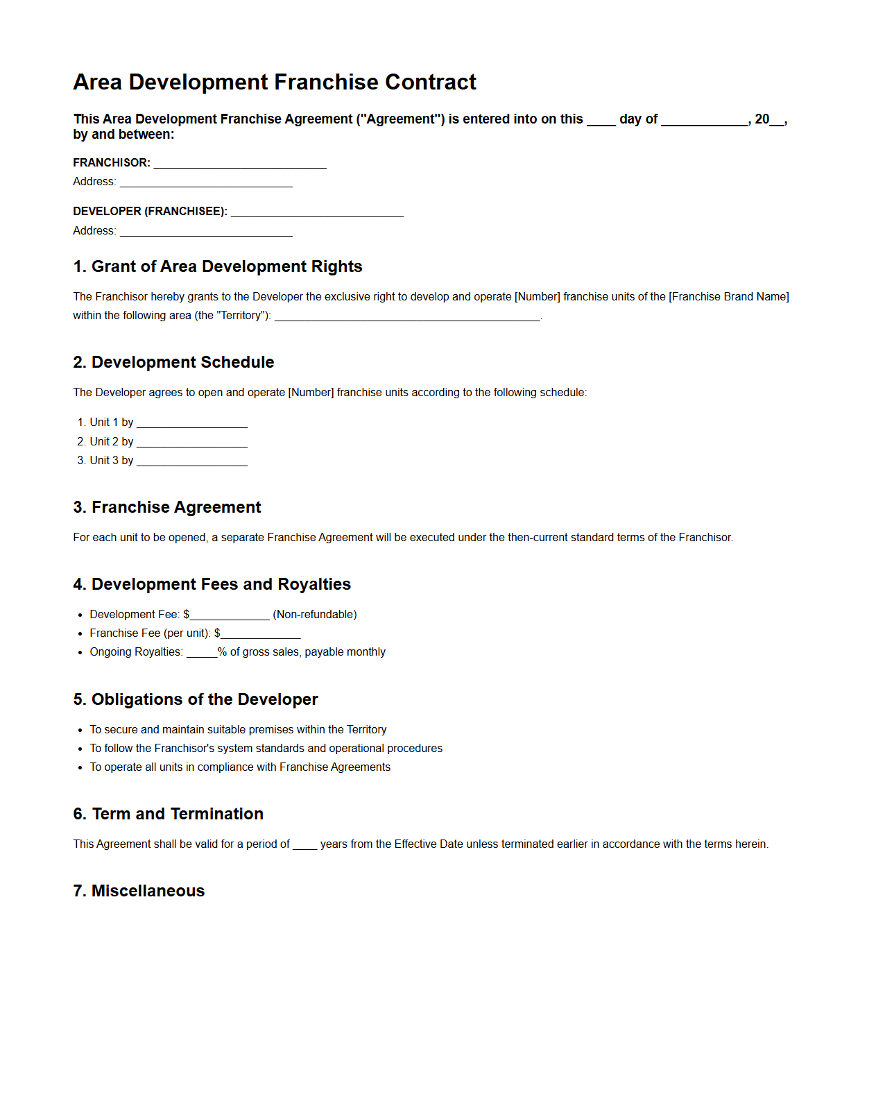 Area Development Franchise Contract Example
