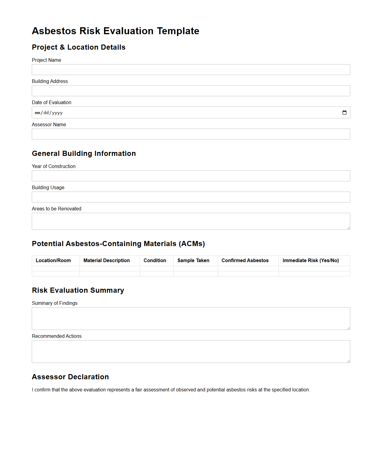 Asbestos Risk Evaluation Template for Building Renovation