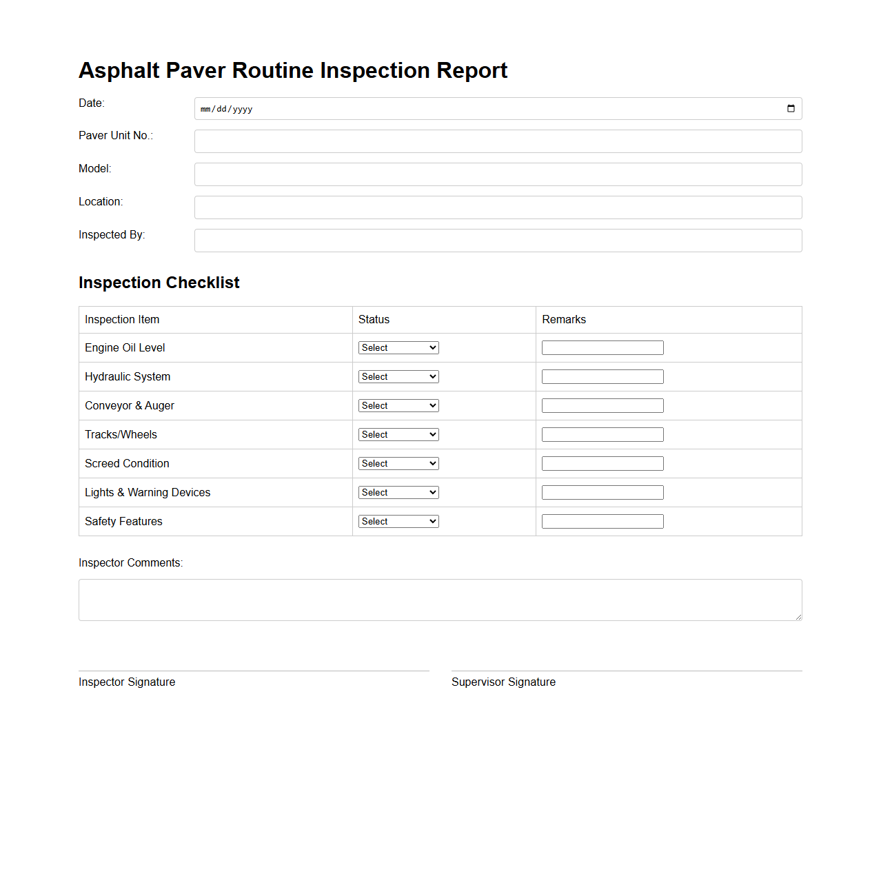 Asphalt Paver Routine Inspection Report