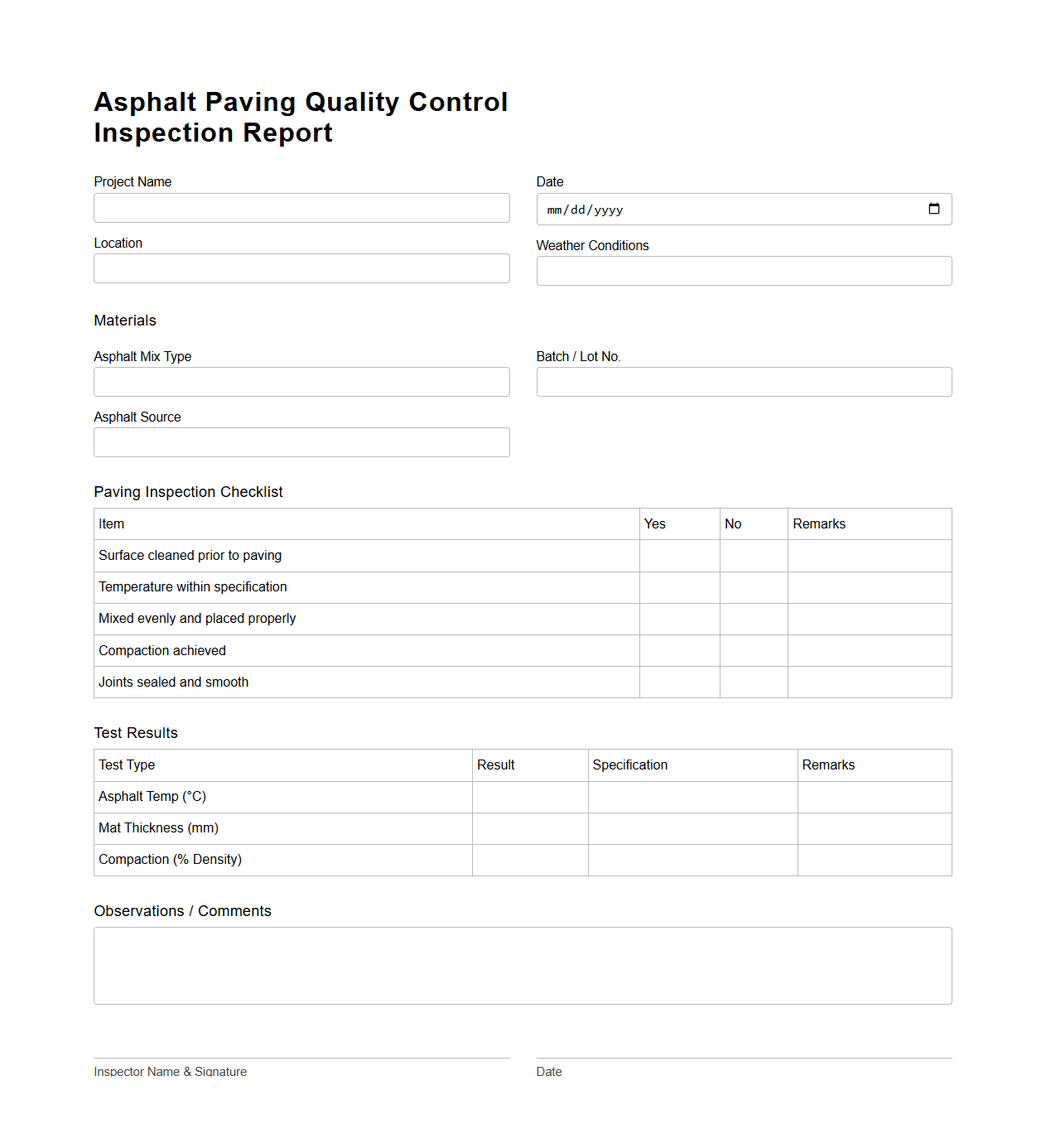 Asphalt Paving Quality Control Inspection Report