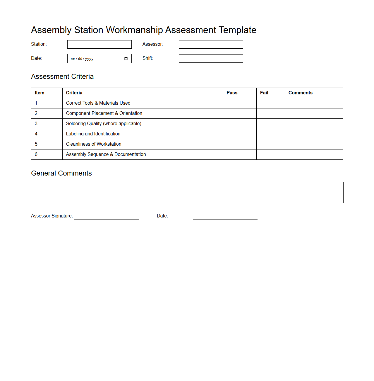 Assembly Station Workmanship Assessment Template