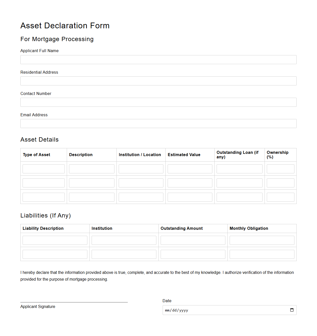 Asset Declaration Form for Mortgage Processing