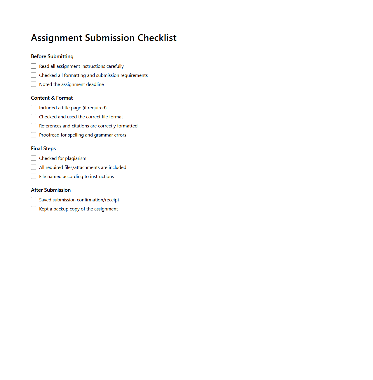 Assignment Submission Checklist for Student Tasks
