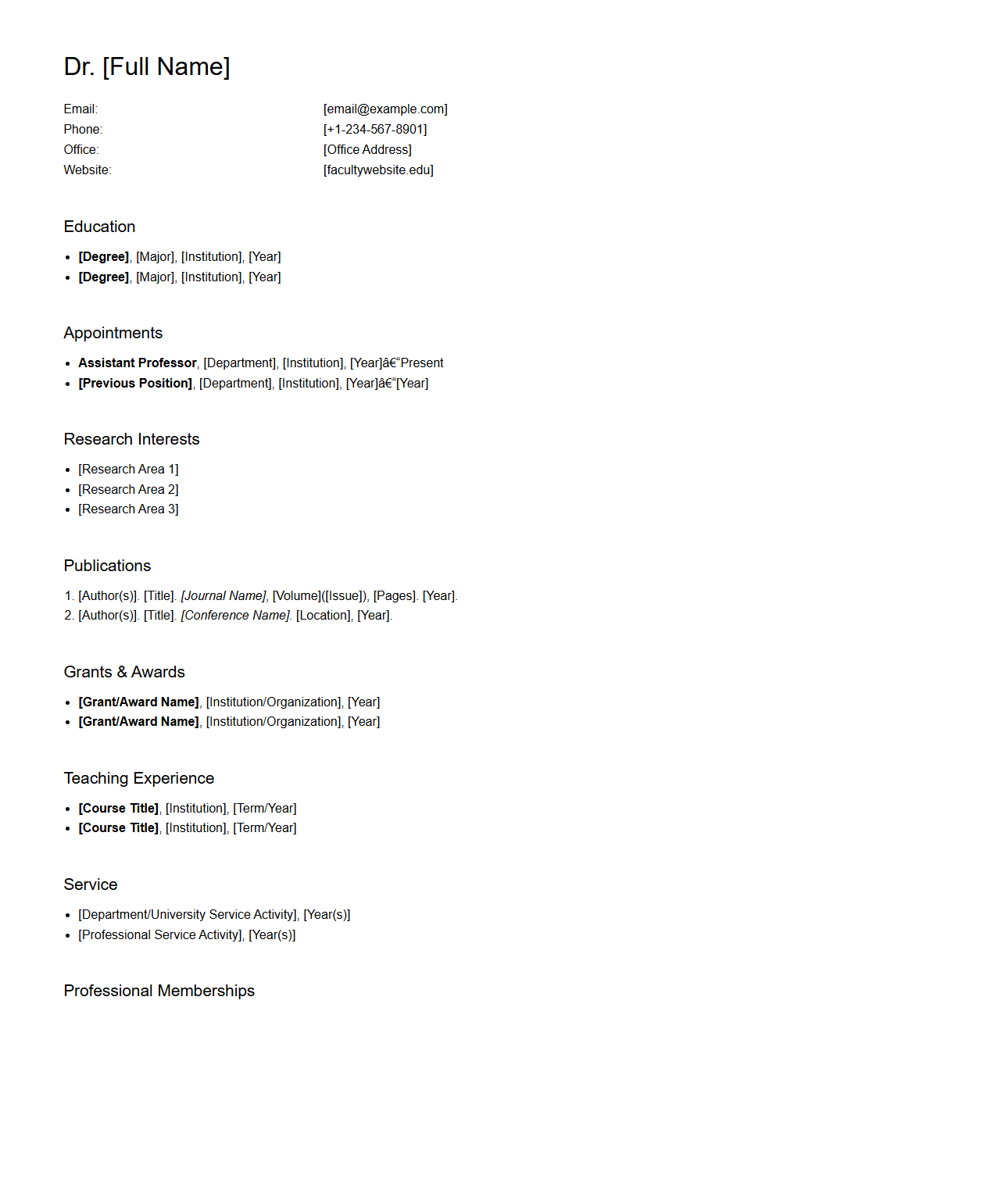 Assistant Professor Curriculum Vitae Template