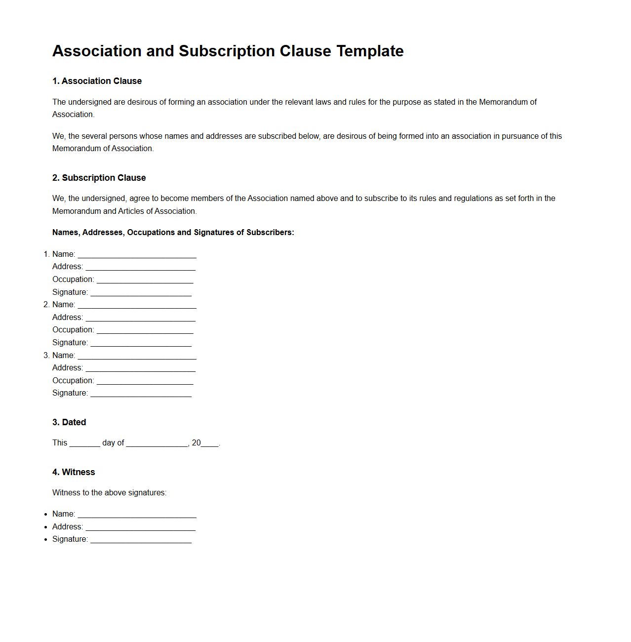 Association and Subscription Clause Template