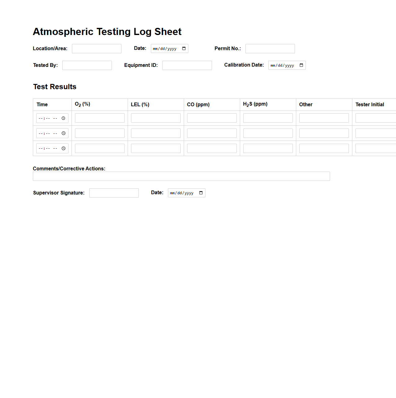 Atmospheric Testing Log Sheet