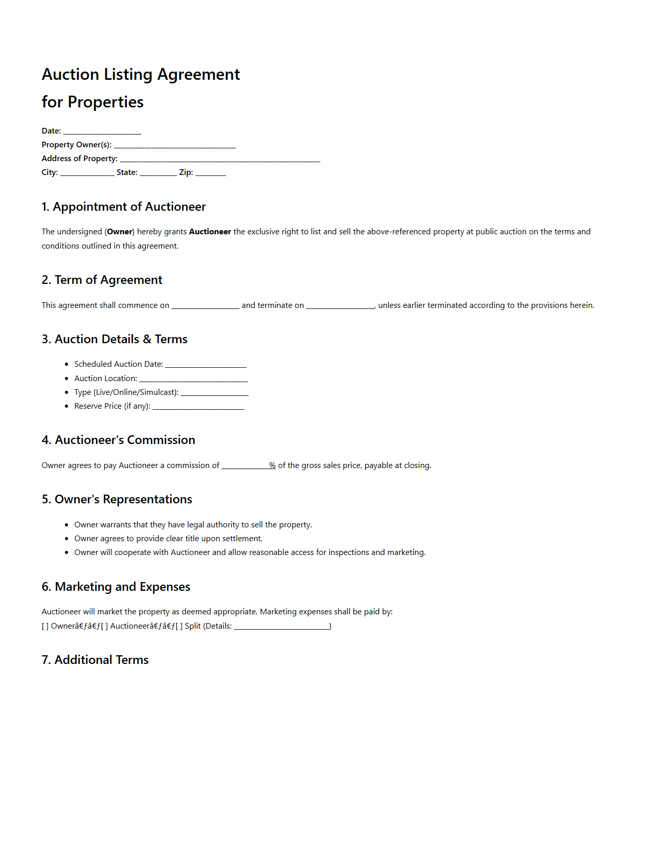 Auction Listing Agreement Sample for Properties