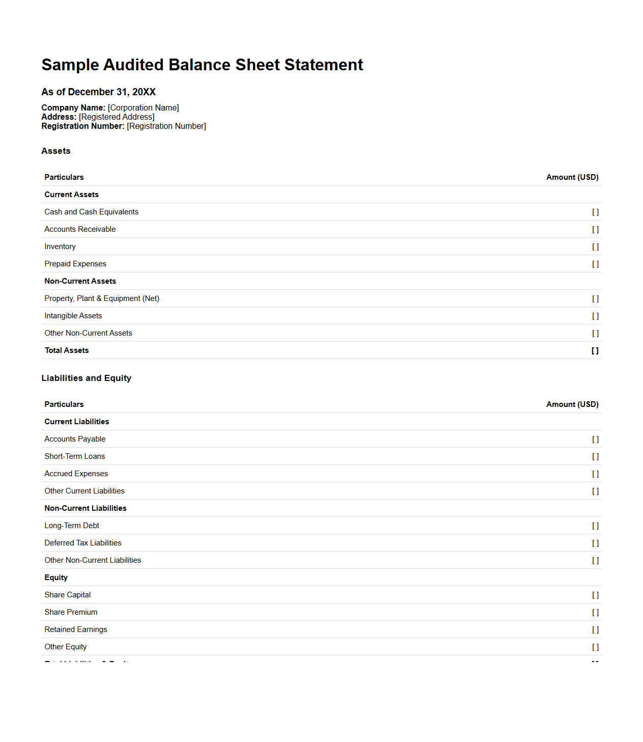 Audited Balance Sheet Statement for Corporations