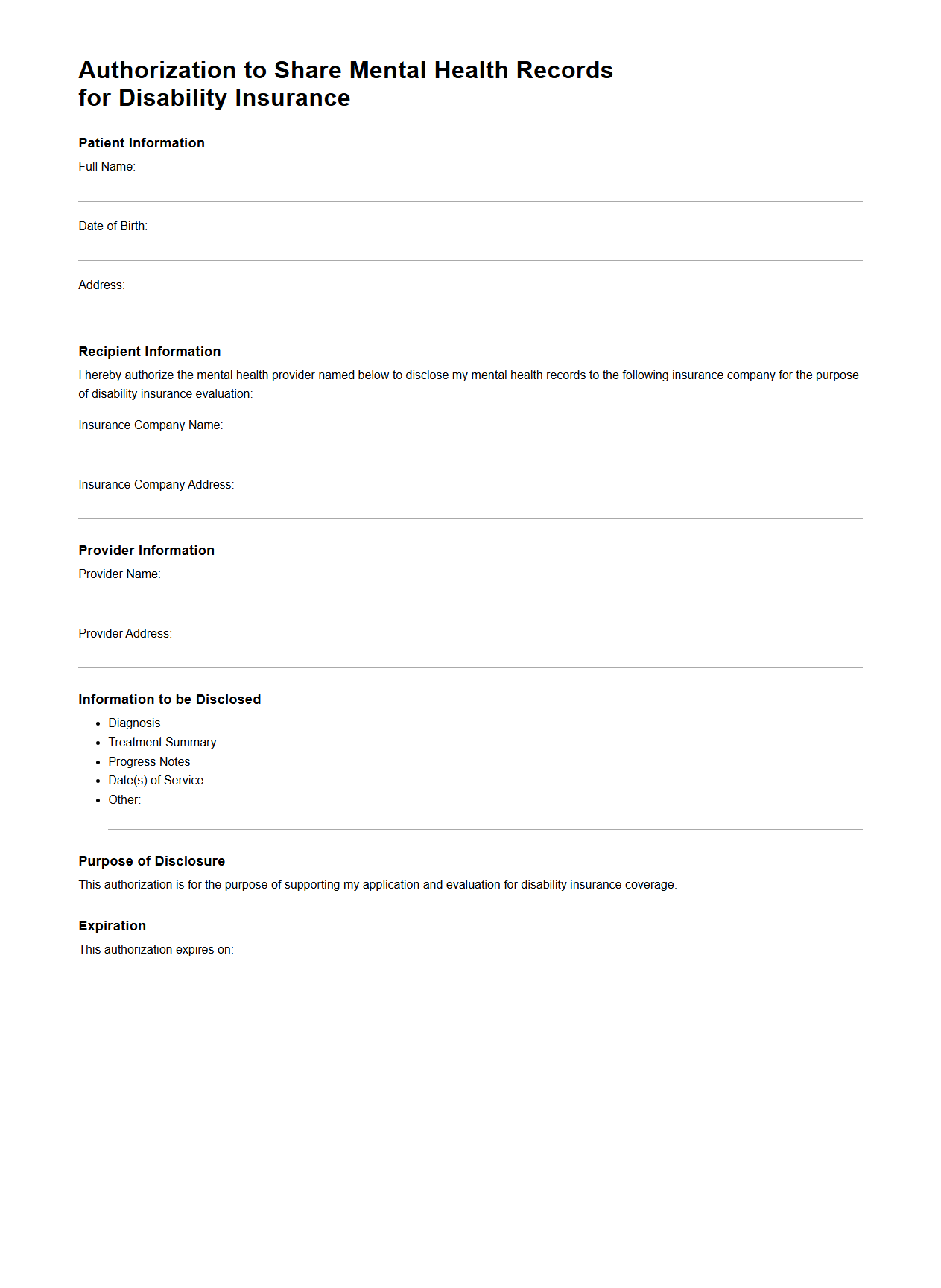 Authorization to Share Mental Health Records for Disability Insurance