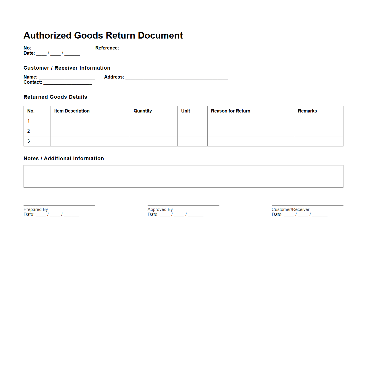 Authorized Goods Return Document Example