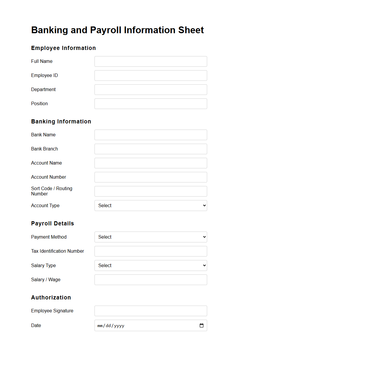 Banking and Payroll Information Sheet