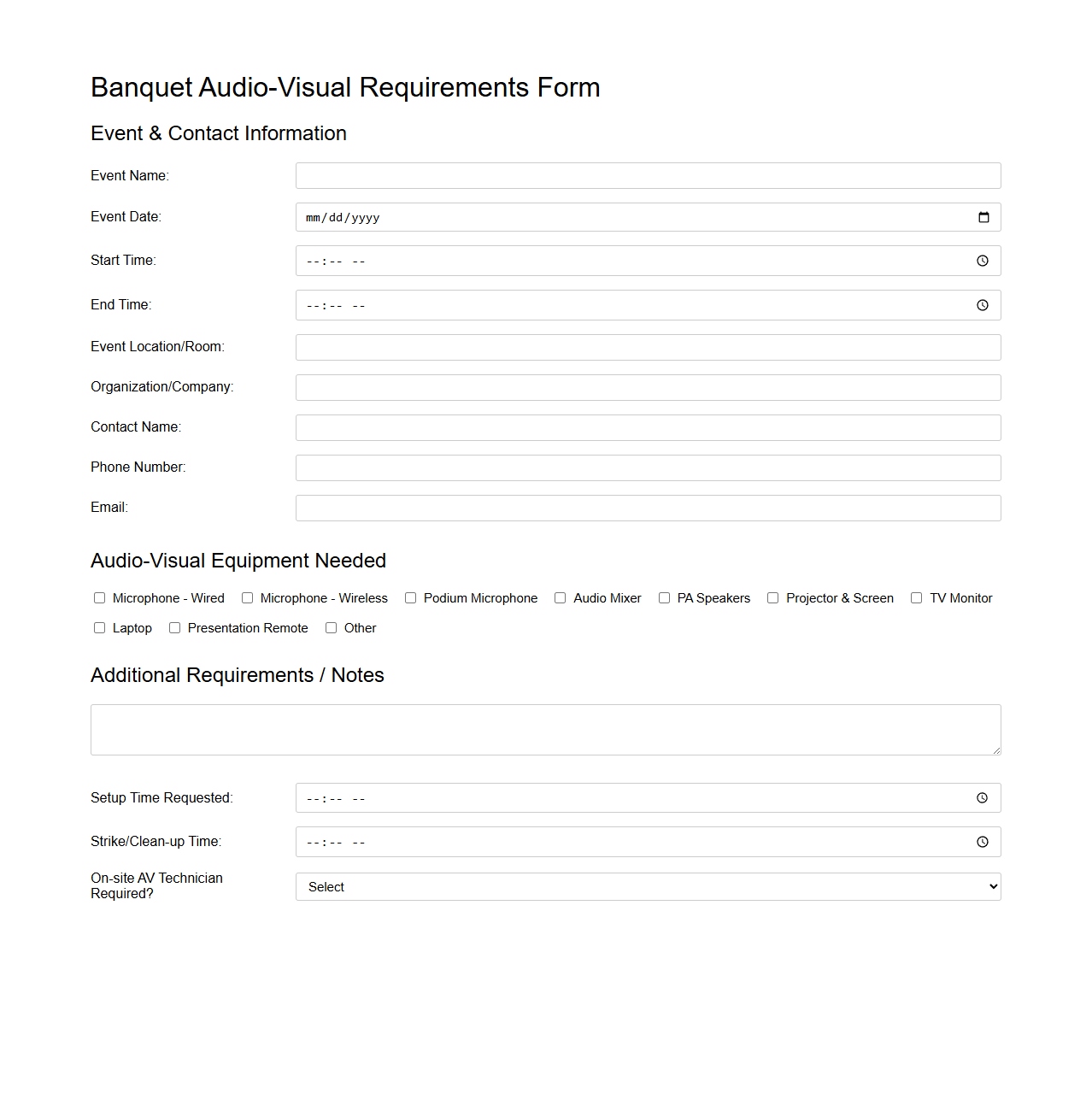Banquet Audio-Visual Requirements Form