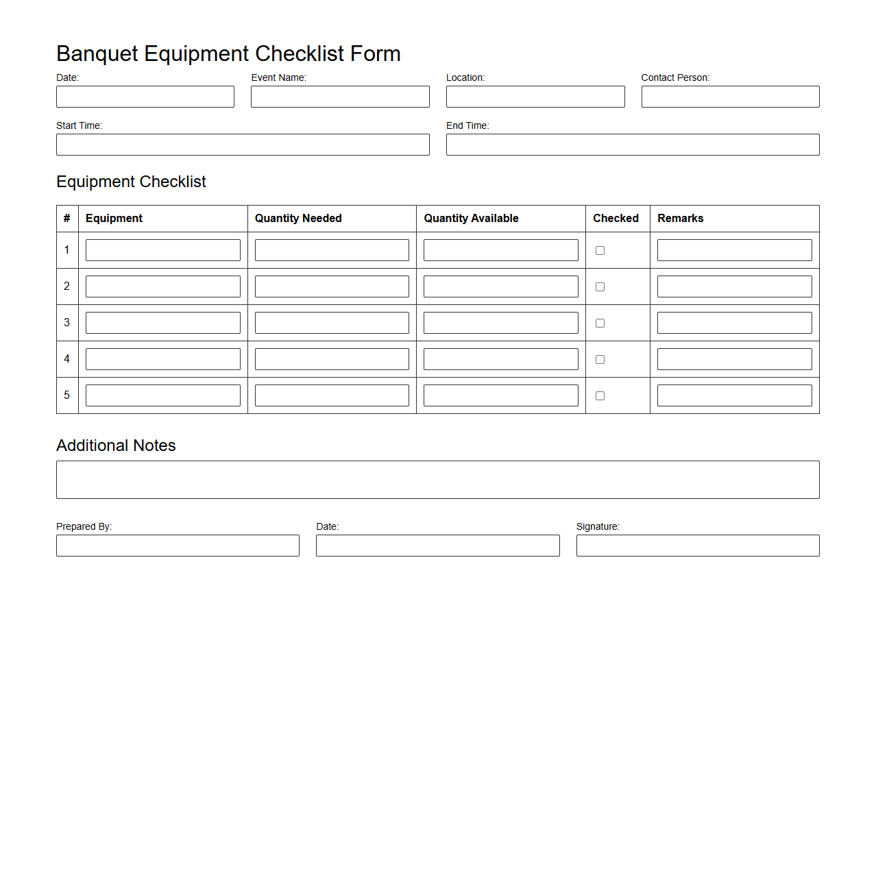 Banquet Equipment Checklist Form