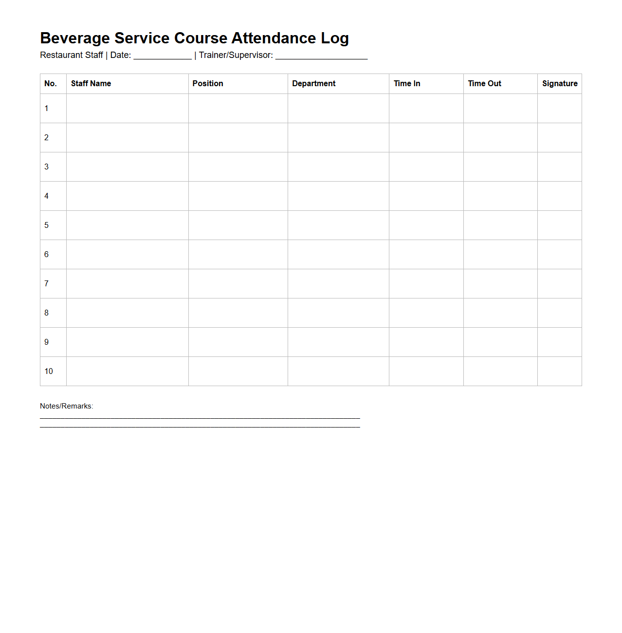 Beverage Service Course Attendance Log for Restaurant Staff