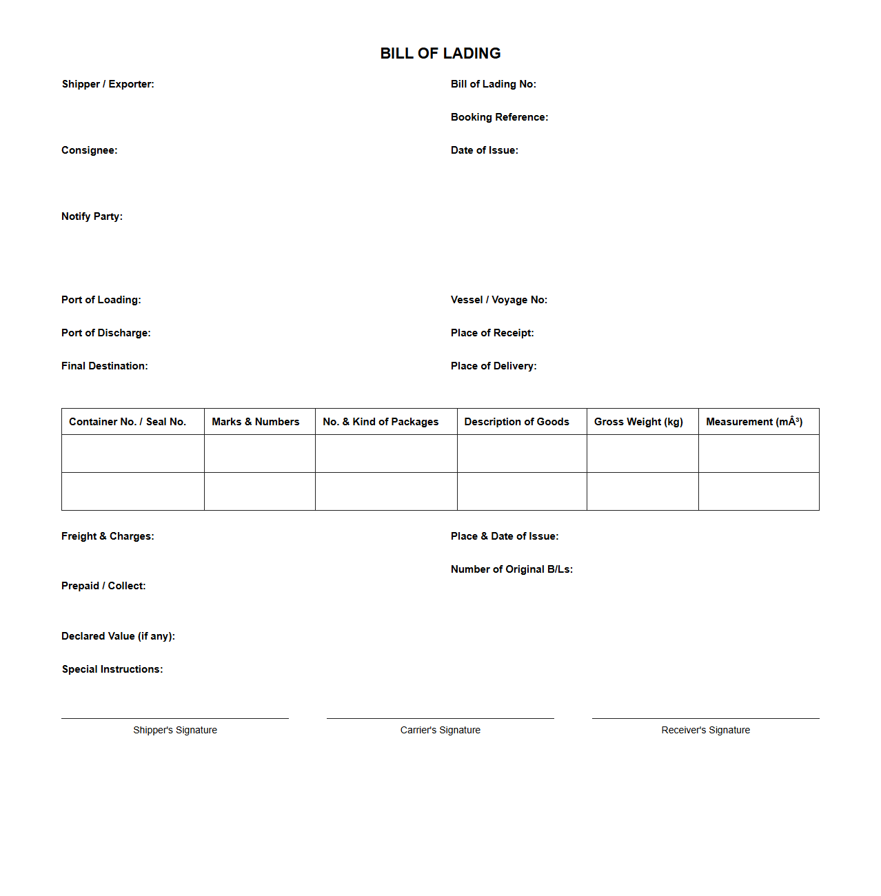 Bill of Lading Template for Import Declarations