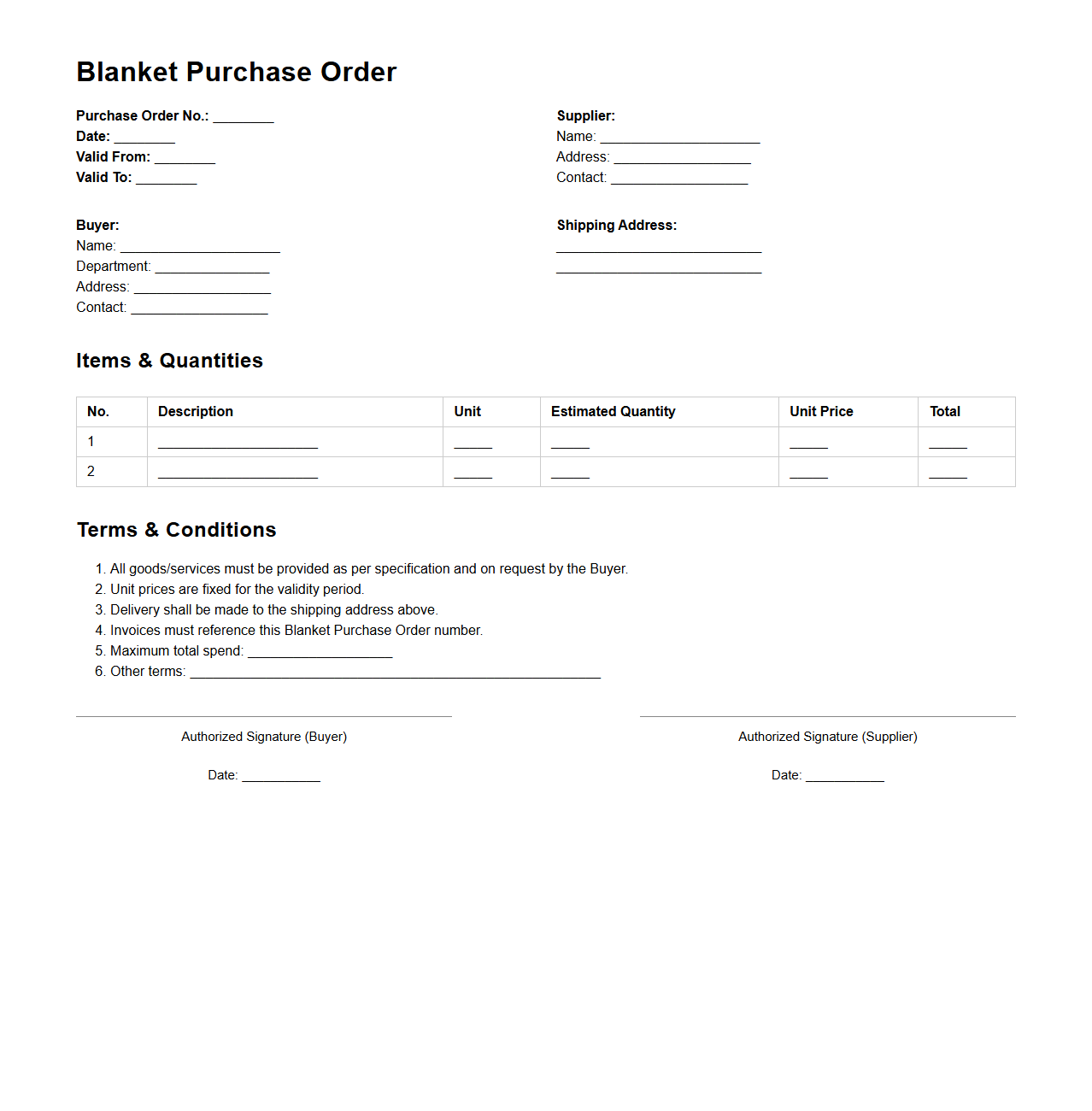 Blanket Purchase Order Example for Procurement