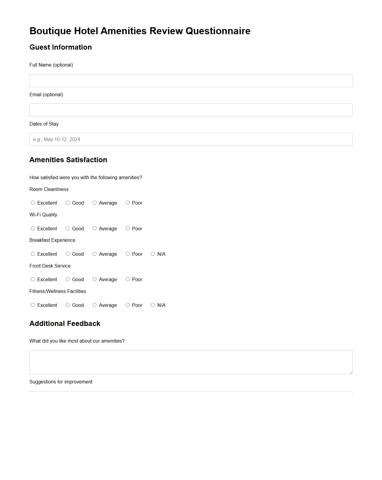 Boutique Hotel Amenities Review Questionnaire