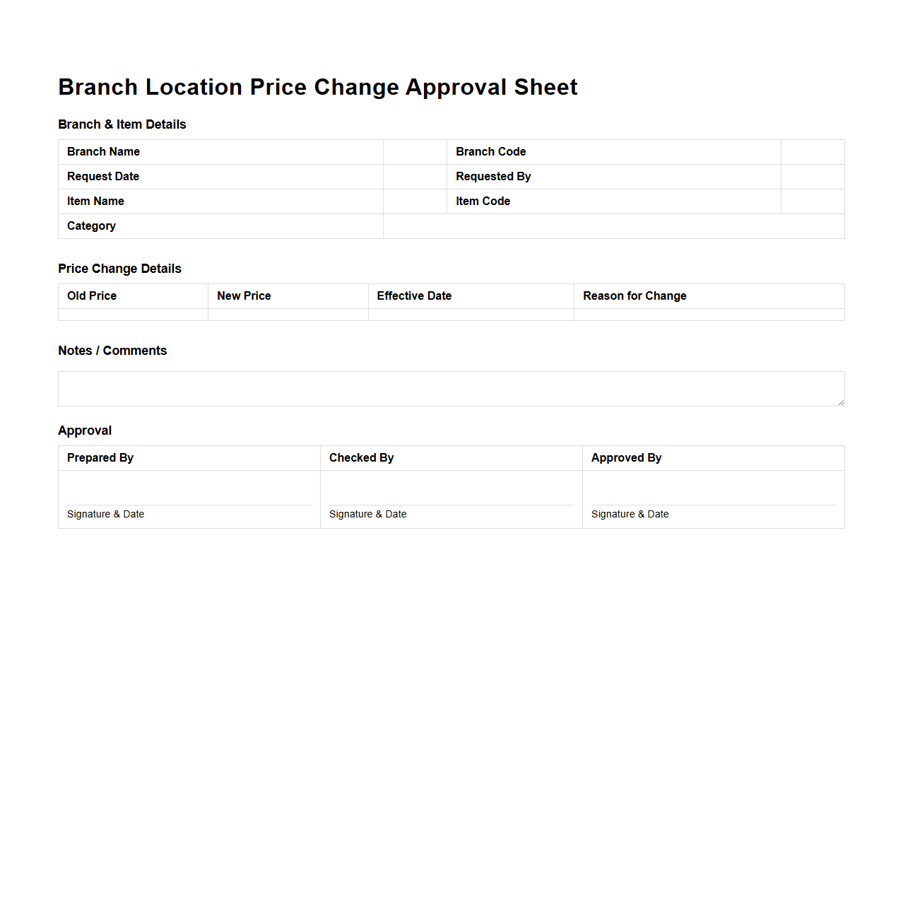 Branch Location Price Change Approval Sheet