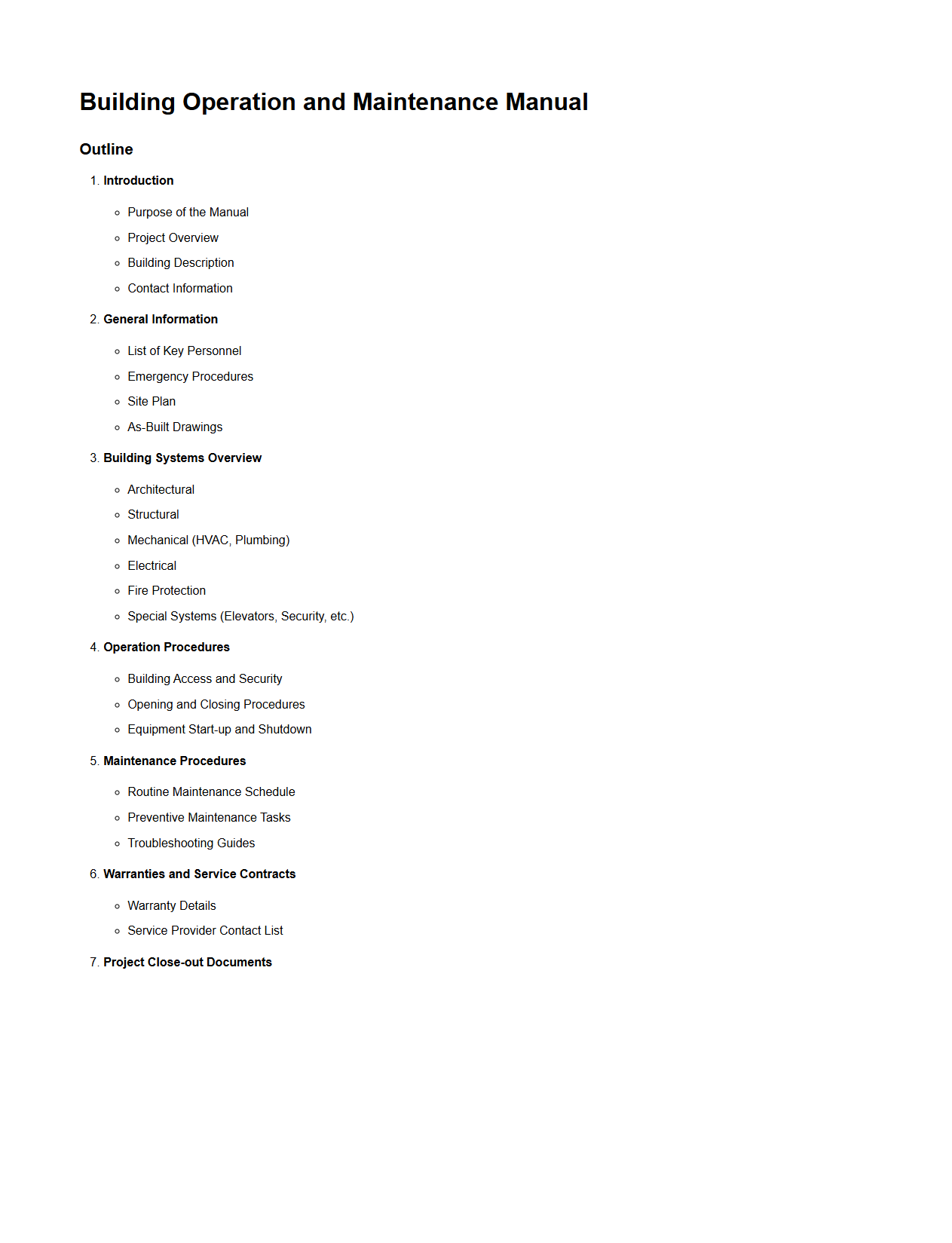 Building Operation and Maintenance Manual Outline