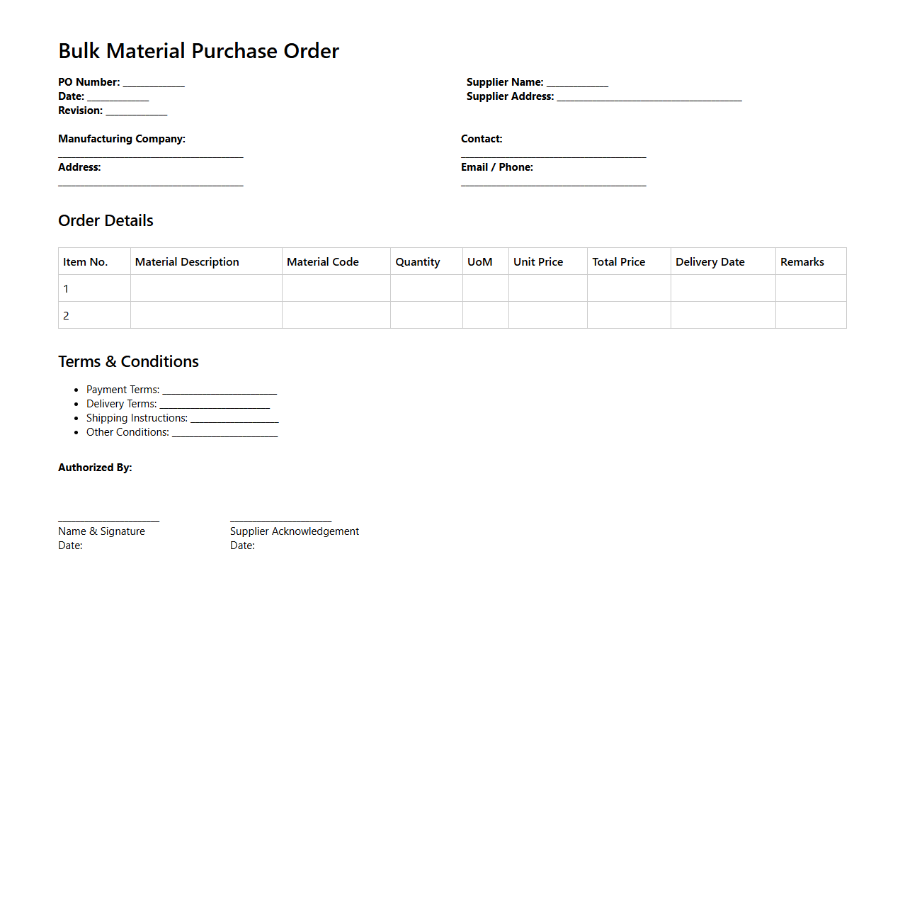 Bulk Material Purchase Order Document for Manufacturing