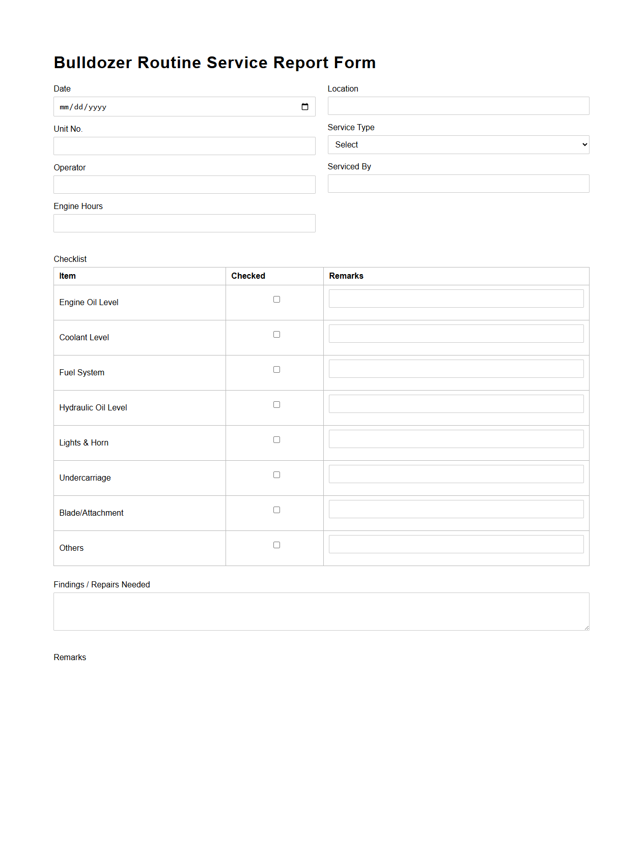 Bulldozer Routine Service Report Form